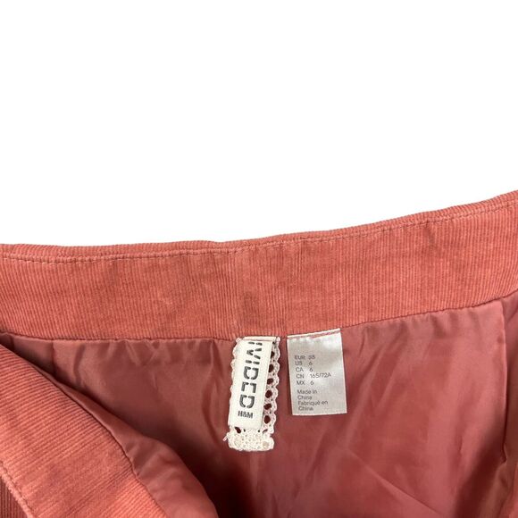 H&M Divided Womens Mini Corduroy Skirt Floral Embroidered Lined Coral Size 6 - Picture 6 of 6